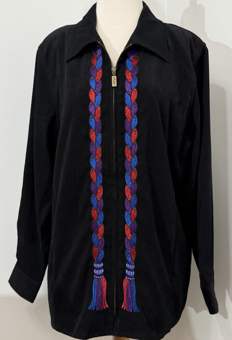 BOB MACKIE Black Full Zip Jacket Wearable Art Embroidered Tassel Size M Medium